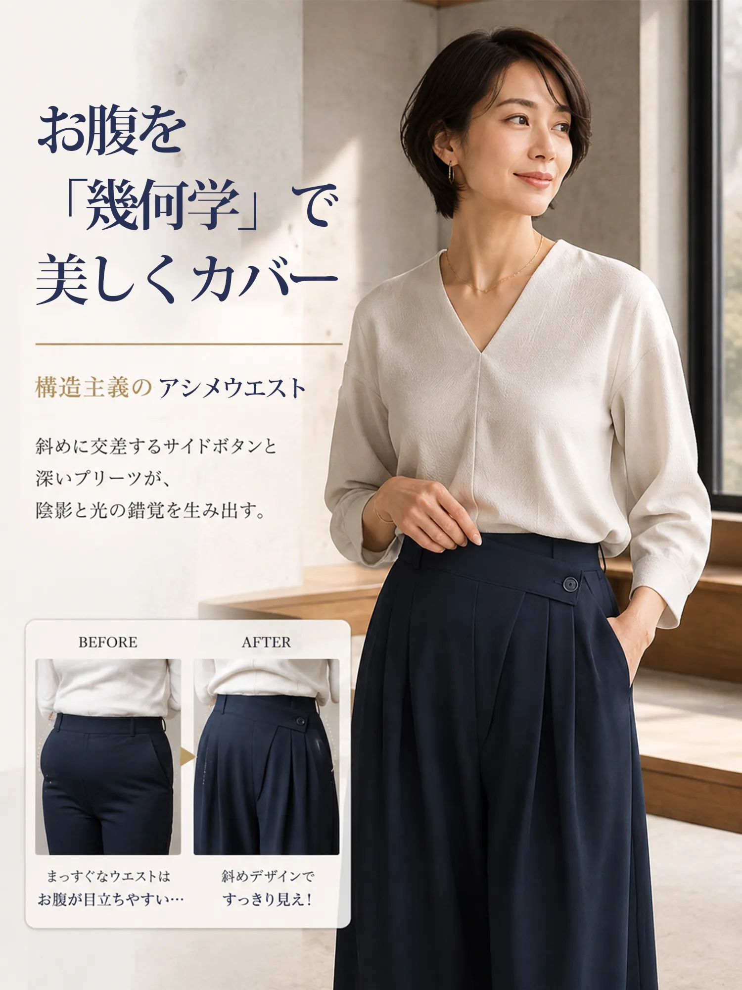 【アシンメトリーハイウエストワイドパンツ】折り込み斜め前立て、ドレープスラックス。前すっきり後ろゆとりで快適。