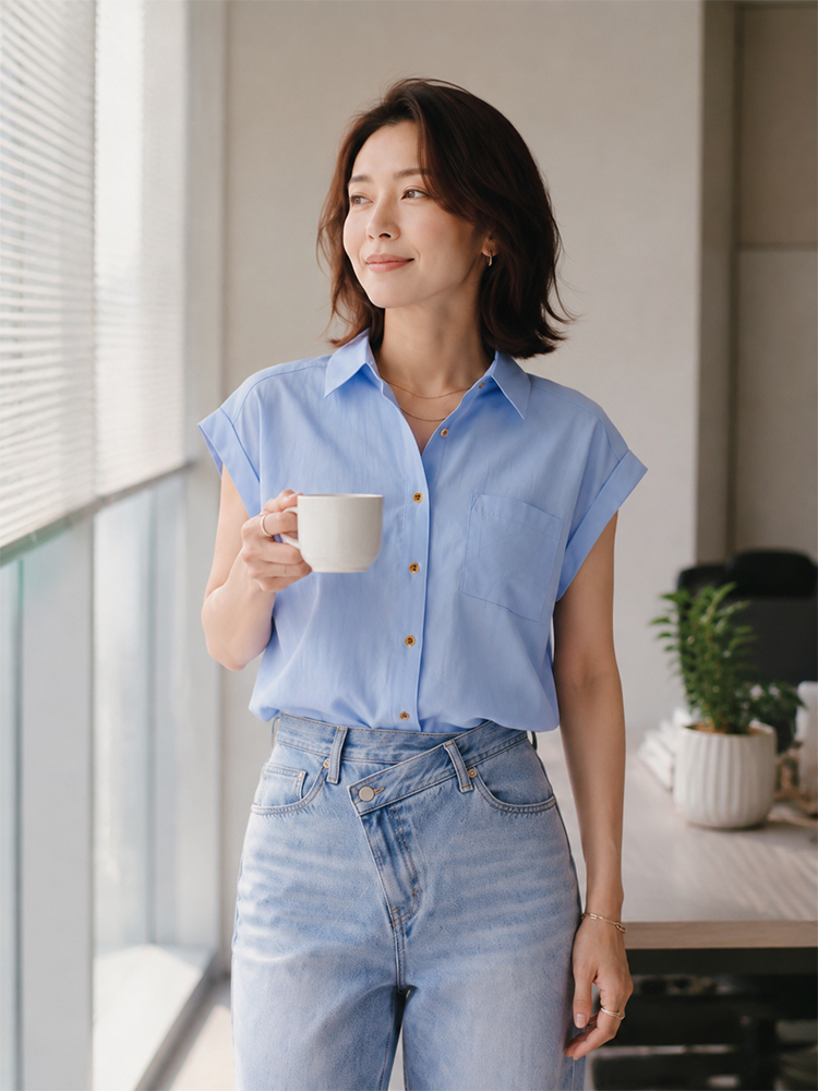 【シンプルで見えやせ、デザイン性のあるノースリーブシャツ】 「肩のラインを整え、お腹を優しく包み込み、快適さとシャープさを心地よく融合させます。」