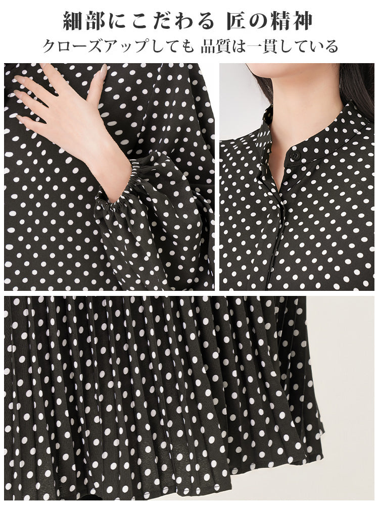 ブラックドット柄の九分袖ワンピース