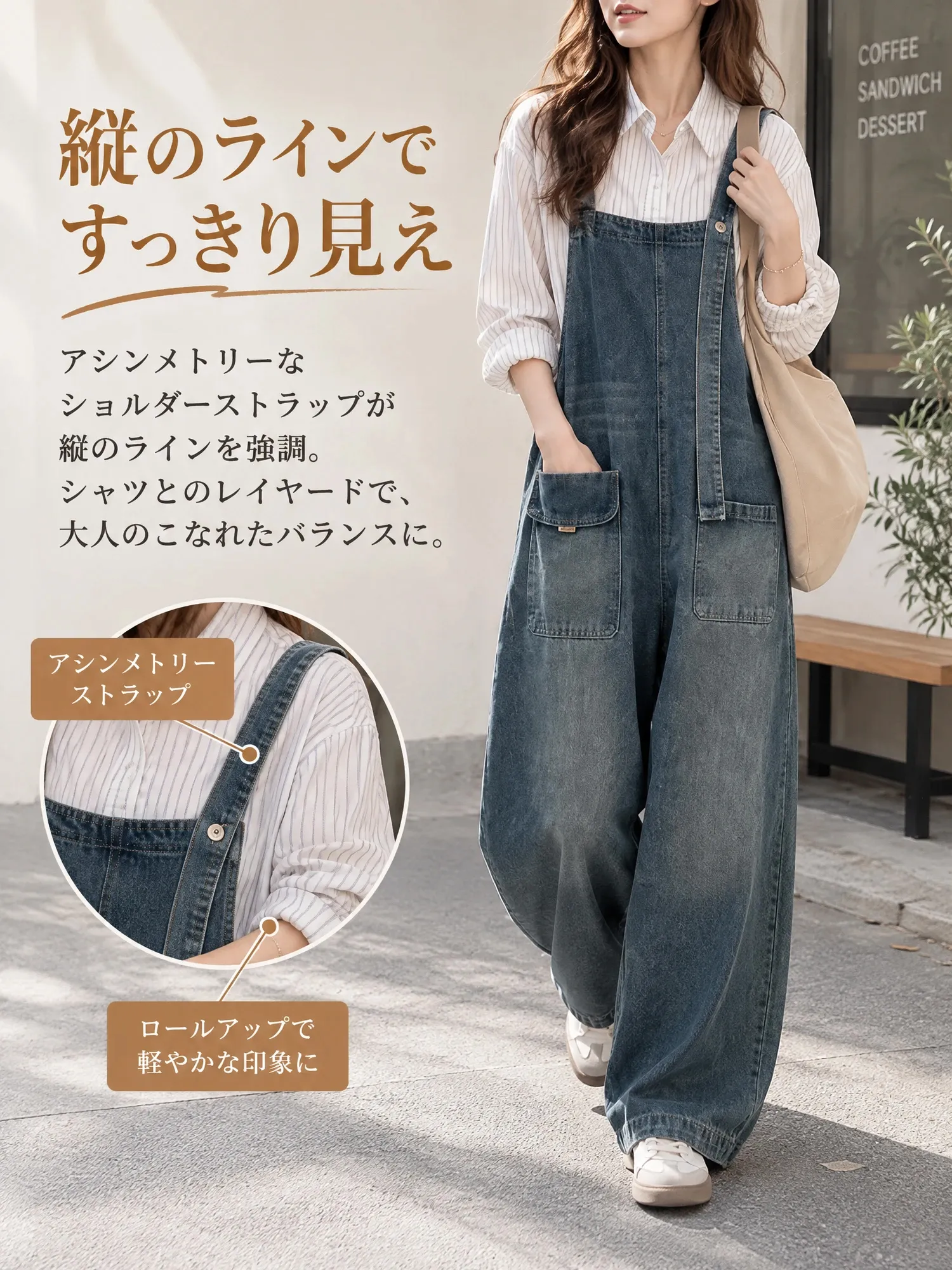 【レディース デニムサロペット アシンメトリーショルダー ワイドパンツ ポケット付き 】