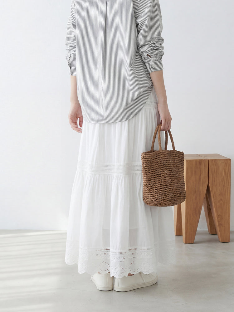 【コットン刺繍ロングドレス】透かしレース付き、フレンチロマンティック、上品で何にでも合わせやすく、ふんわり広がる裾