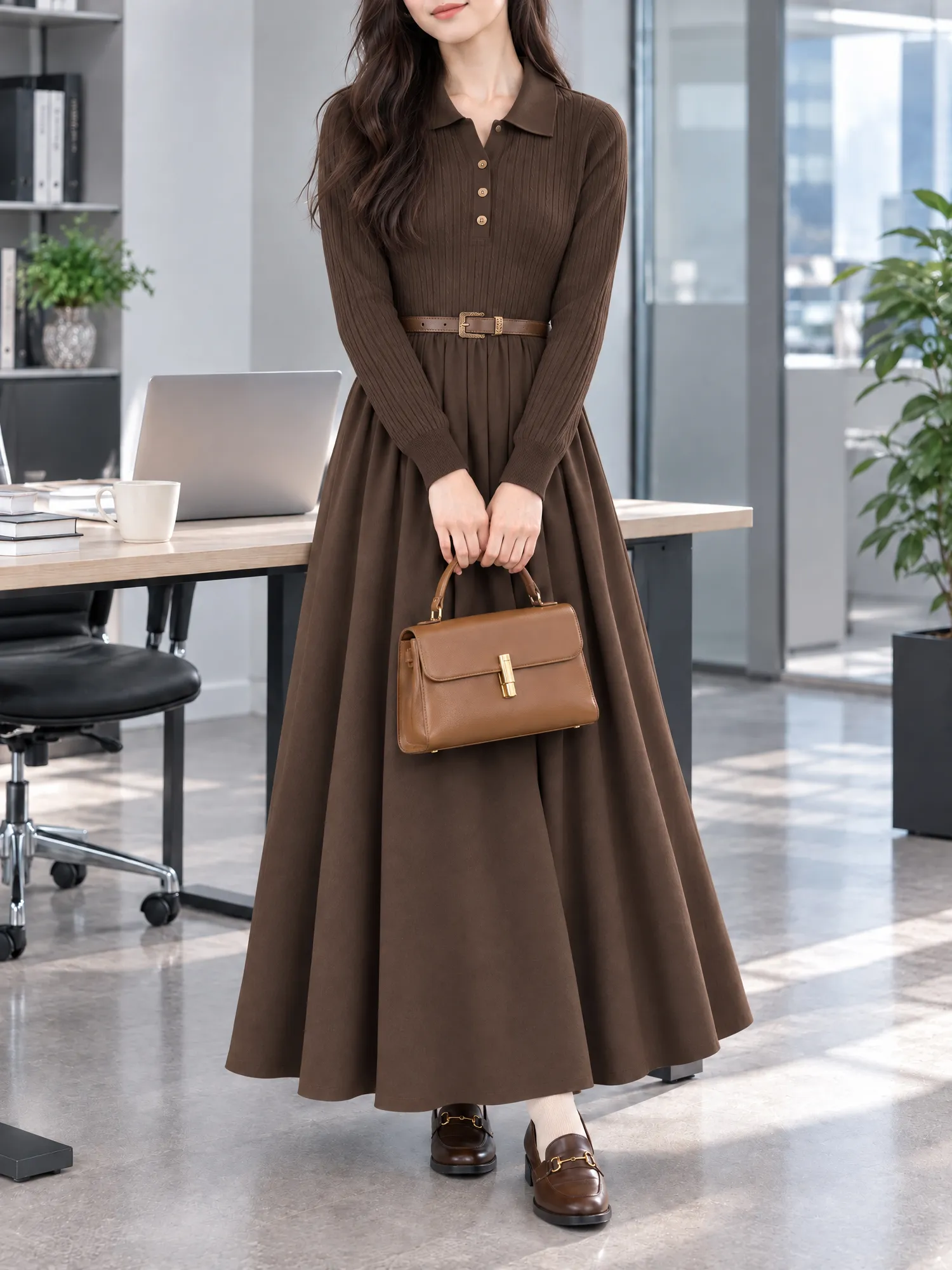 【レトロ上品】襟付きリブニットワンピース