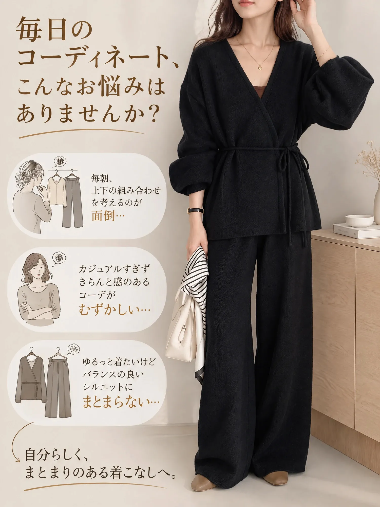 【ウエストリボン カーディガン×ワイドパンツ ニットセットアップ】