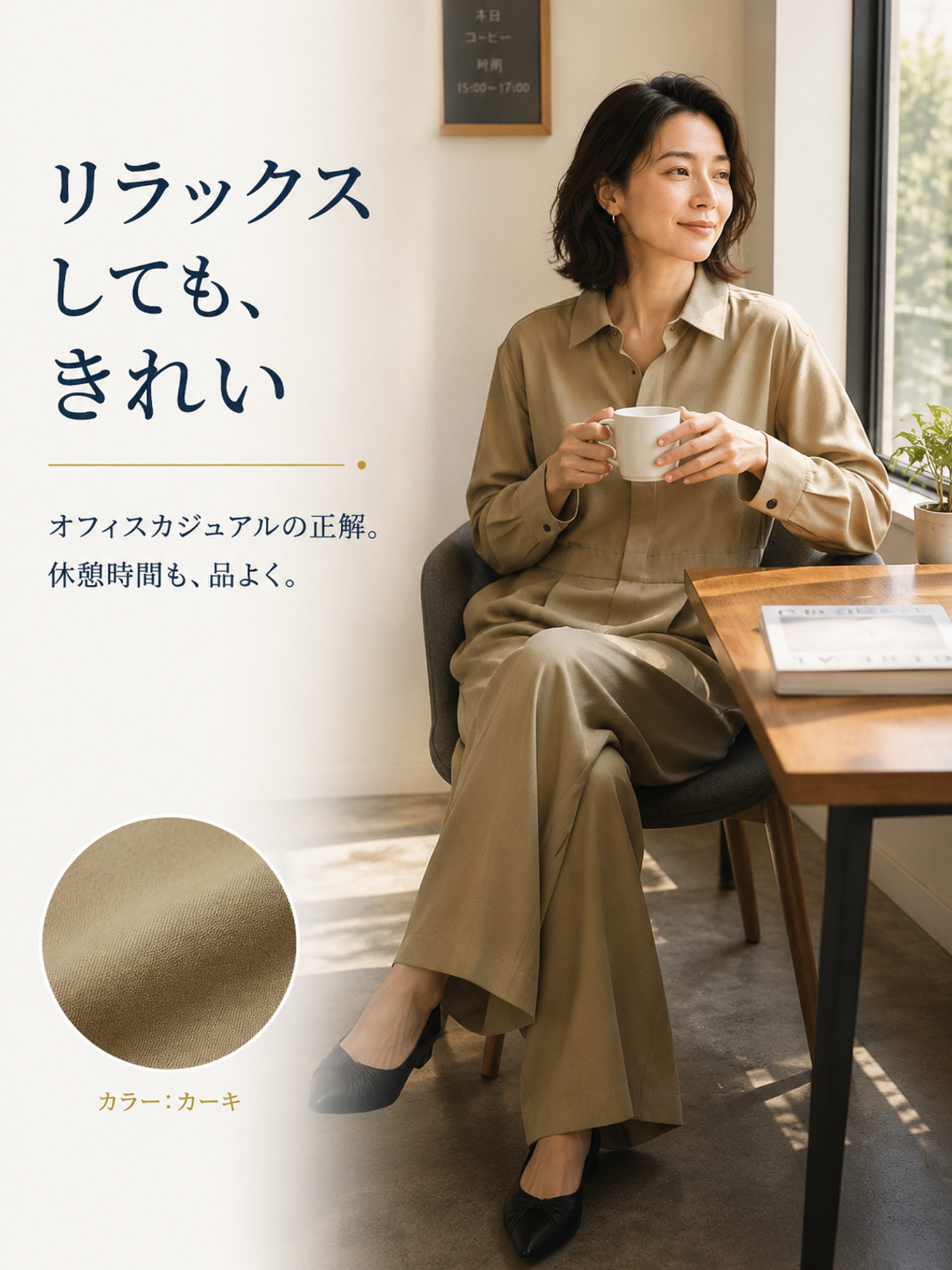 【ヴィンテージ風ポケット付きワークテイストオールインワン】デザインの着想は、「体型カバーをリラックス感の中に自然に取り入れること」。