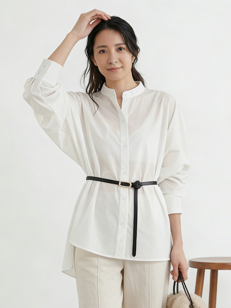 【ドルマンスリーブロングシャツ】スタンドカラー、前短後長スリット、ゆったりシルエットでストレスフリー、上品で合わせやすい
