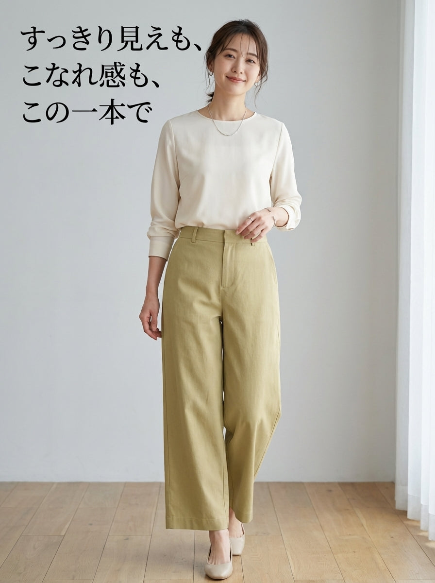 【ヴィンテージ クロップドストレートパンツ】ハイウエスト・バックポケットフラップ付き。軽やかな素材でスタイルアップ、通勤にも上品さをプラス