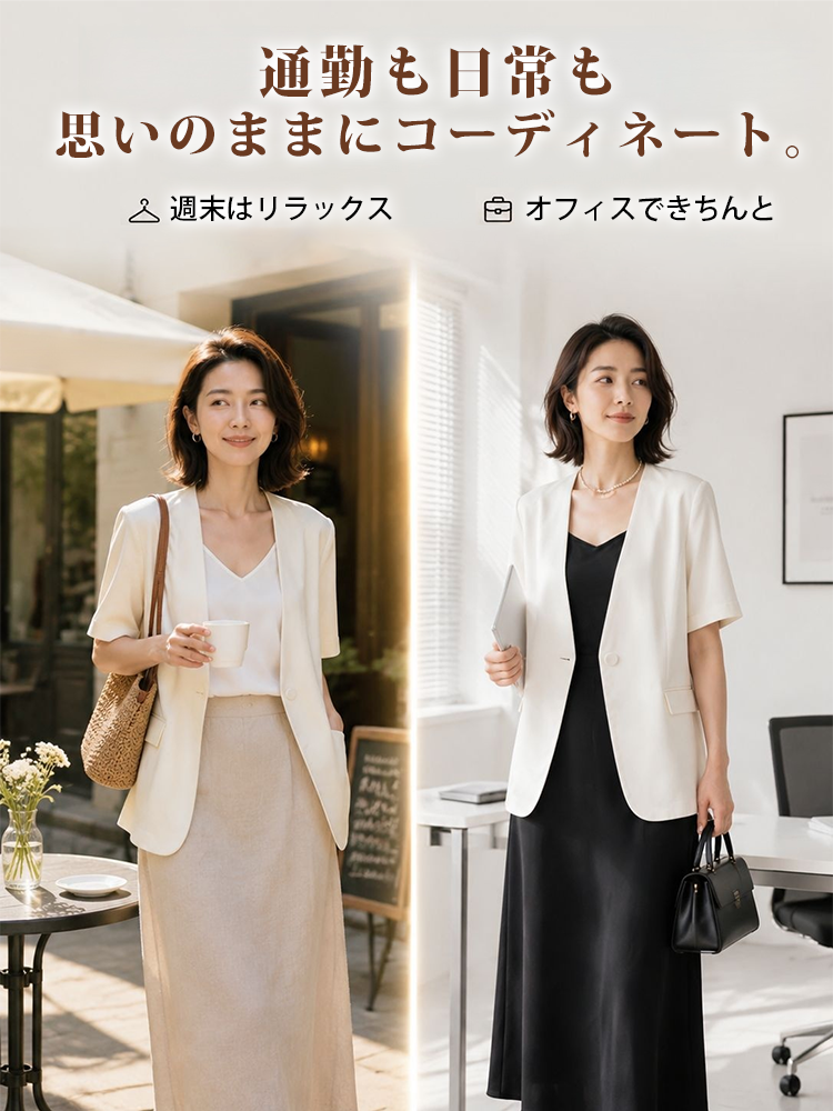 【アセテートサテン半袖ジャケット】すっきりとしたノーカラーディープVと、ゆったりとした五分袖のシルエットが、二の腕を優しくカバーしながら、ペーパーライクなほどに洗練された姿を彫り出します。