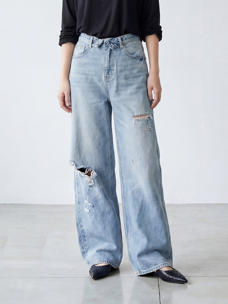 【ヴィンテージウォッシュ デニムワイドパンツ】 ウォッシュ加工＆ダメージ ゆったりシルエット すっきり見え