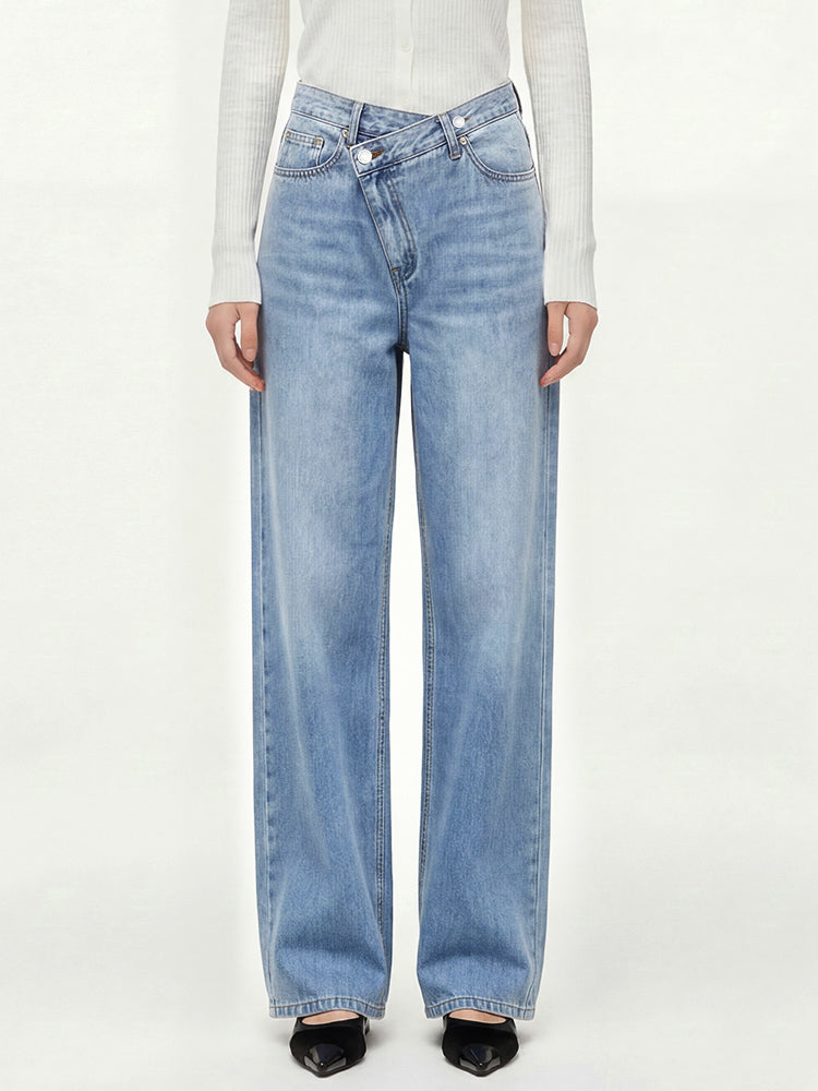 【 タイム限定 さらに20%OFF】斜めボタンワイドデニム｜個性的な斜めデザインでウエストすっきり オールシーズン対応【大きめサイズですので、ワンサイズ下をおすすめします】