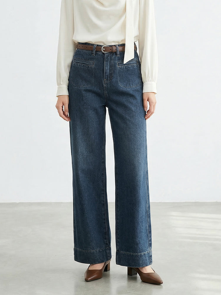 【ハイウエストスリムストレートデニムパンツ】 ハイウエストデザインで低身長さんに最適、 スラッと脚長効果でスタイルアップ"