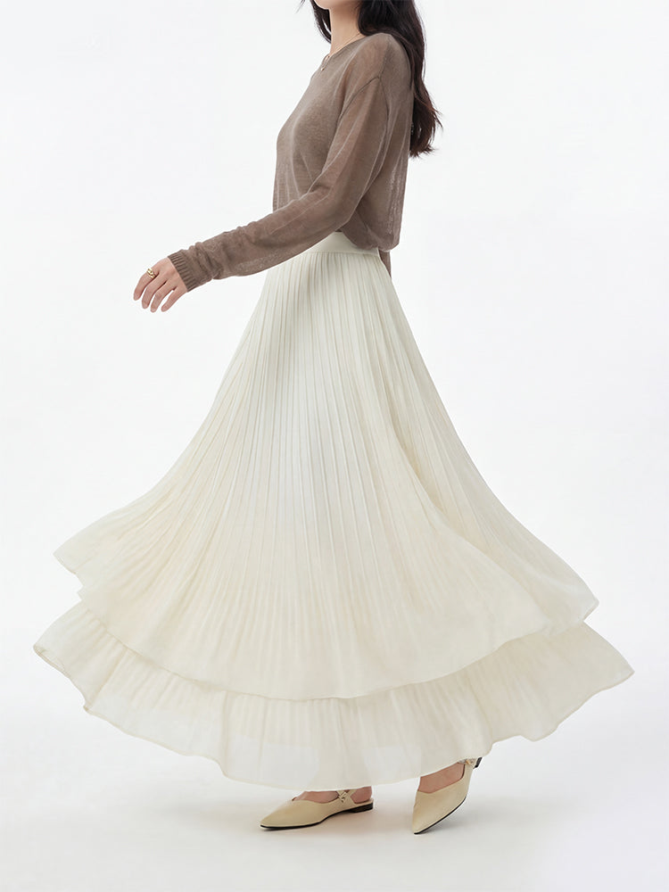 【二重プリーツロングスカート】下半身太りカバー、オールシーズン対応、スタイルアップ＆優しい雰囲気