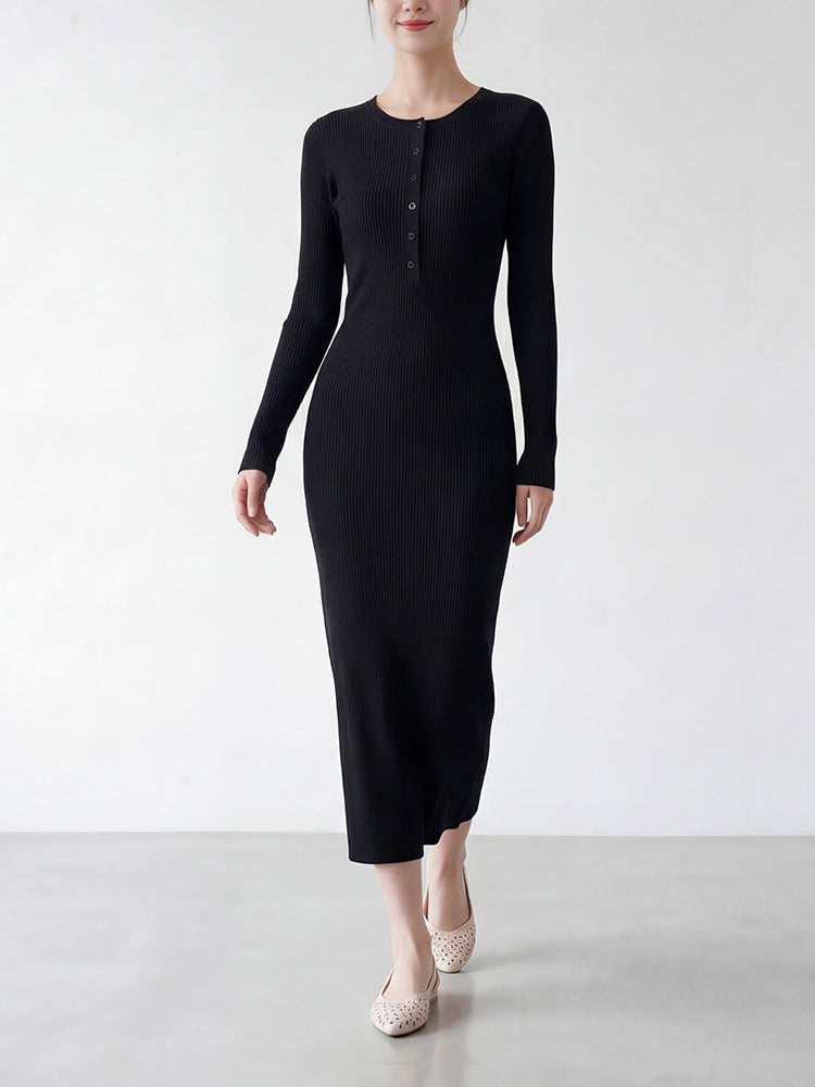 【 タイム限定 さらに30%OFF】【長袖ニットタイトロングワンピース】着痩せして綺麗なシルエットに