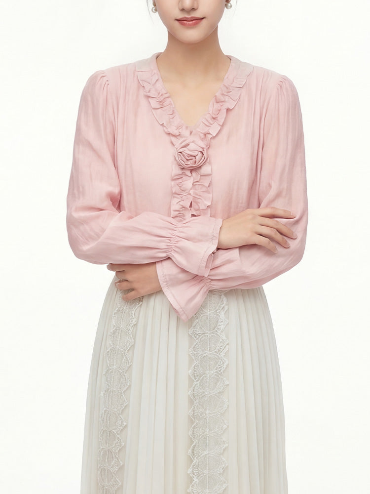 【フレンチシャツ】フリル & 立体フラワーで優しい雰囲気、薄手で通気性抜群、軽やかな着心地