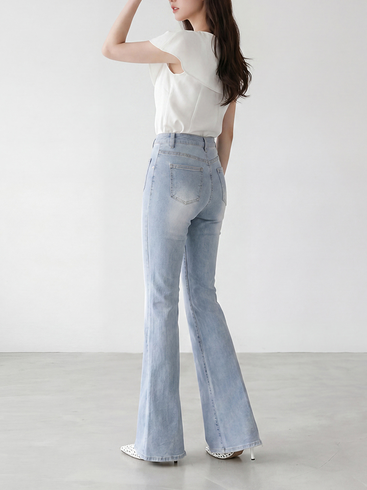 sosove-双兜磨白牛仔微辣长裤