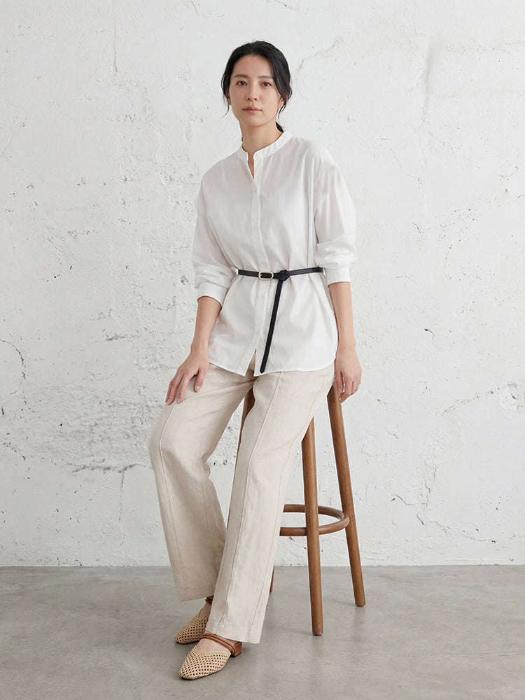 【ドルマンスリーブロングシャツ】スタンドカラー、前短後長スリット、ゆったりシルエットでストレスフリー、上品で合わせやすい