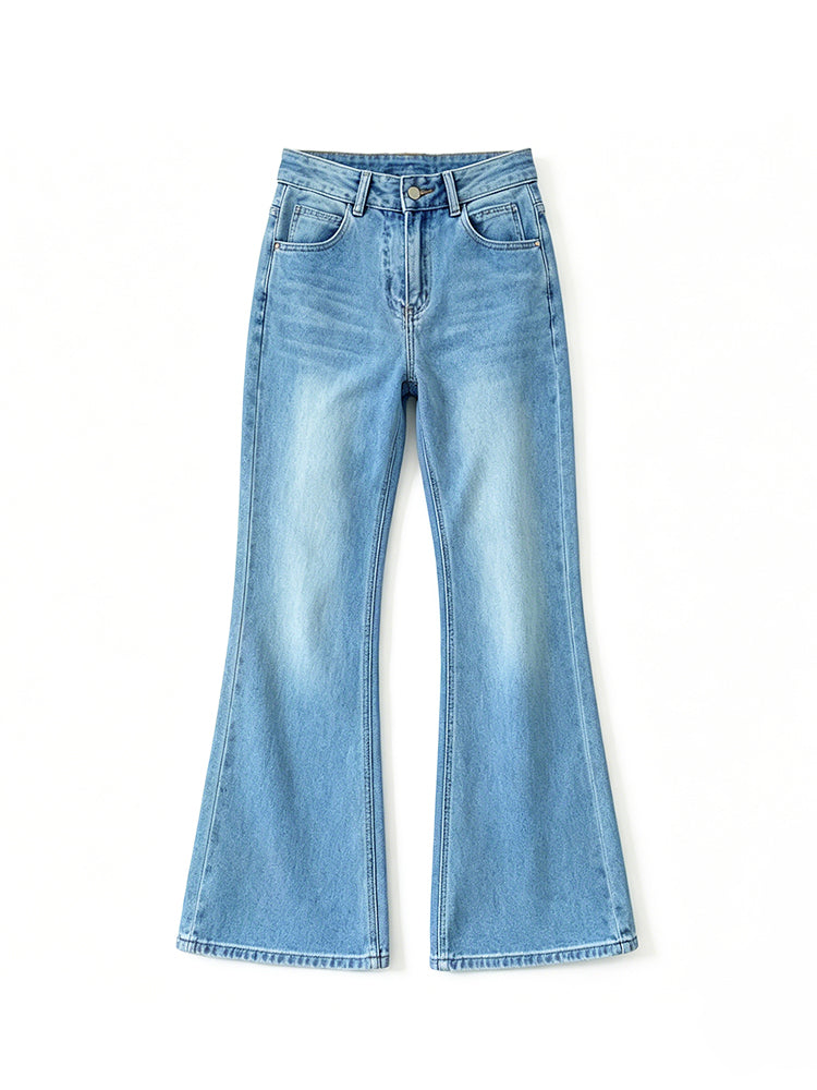 【ドレープハイウエスト微フレアジーンズ】柔らか素材・シワ知らず・脚に貼りつかない・脚長補正・万能シーン対応