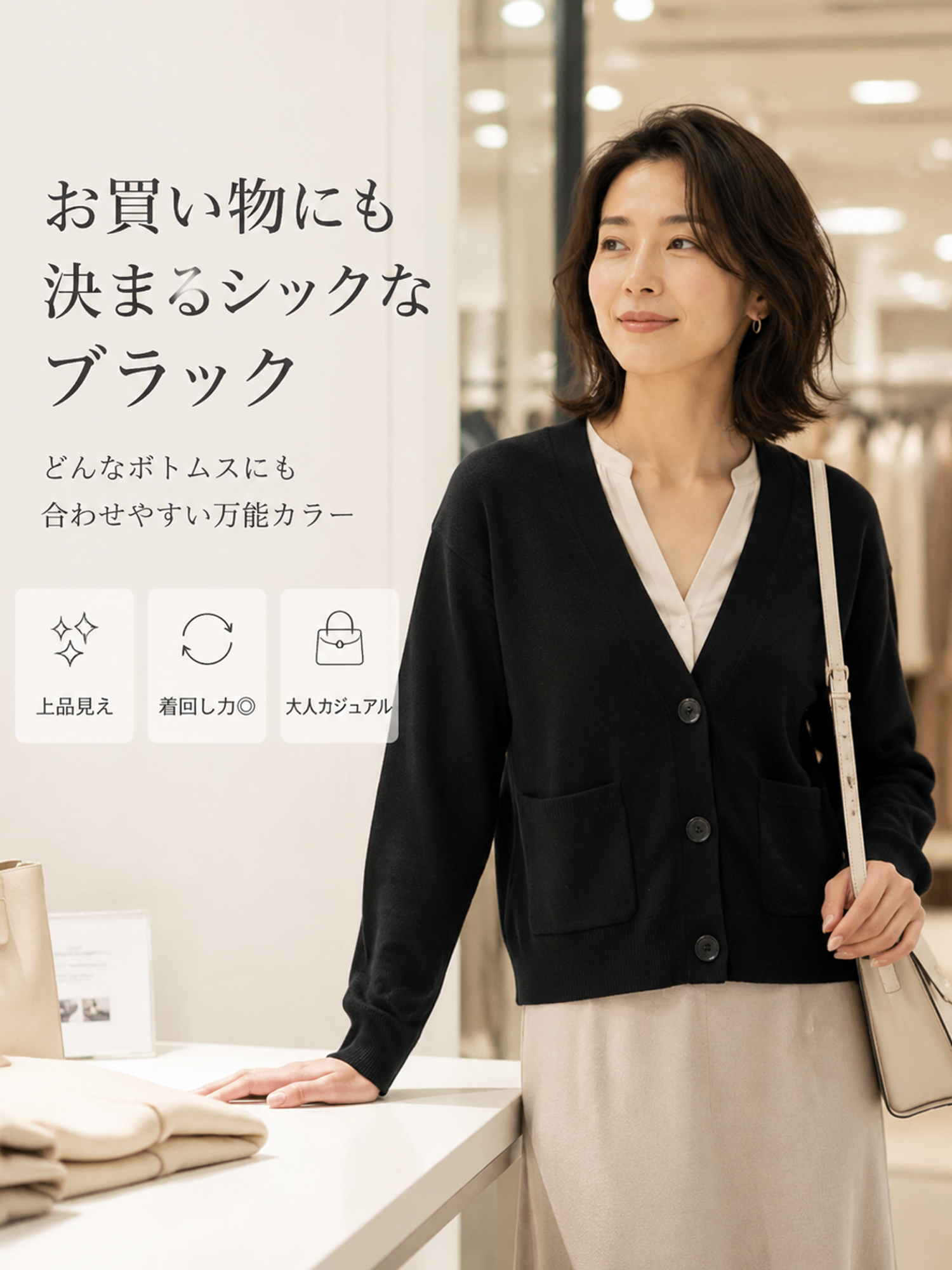 【深Vネック無地ニットカーディガン】 深めのVネックで首まわりをすっきり見せる、秋のレイヤードにぴったりなショート丈カーディガン。