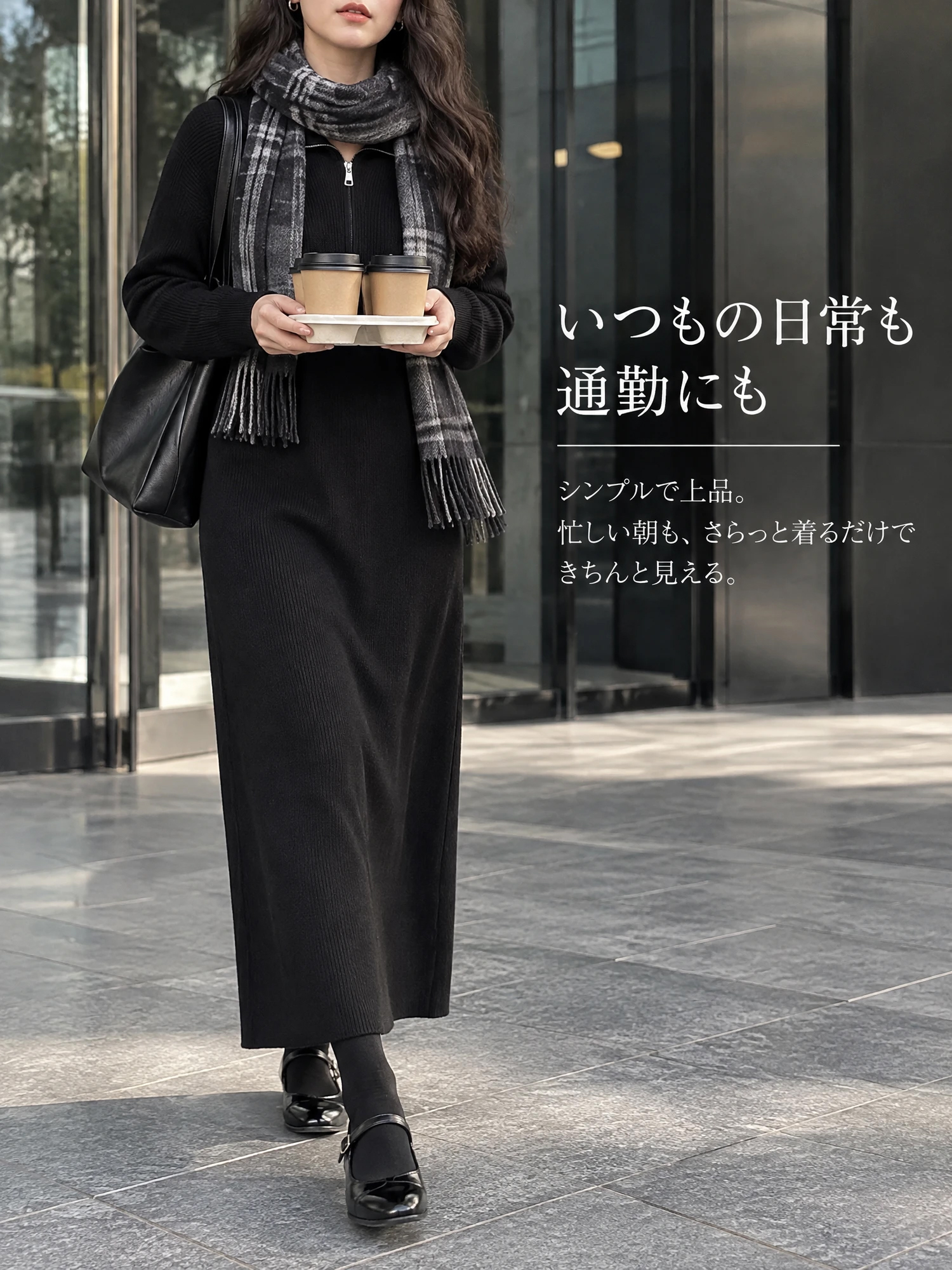 【ハーフジップ・リブハイネック ニットワンピース】シンプルながらもさりげない個性を感じる一着