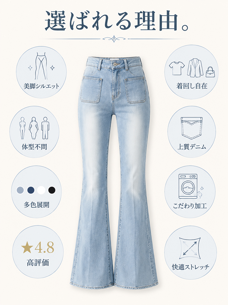 【ダブルポケットデニムフレアパンツ】インスタ映えする甘く可愛いデザイン、高ストレッチで締め付け感なし、脚長補正効果抜群。ダブルポケットで様々なシーンに活躍。