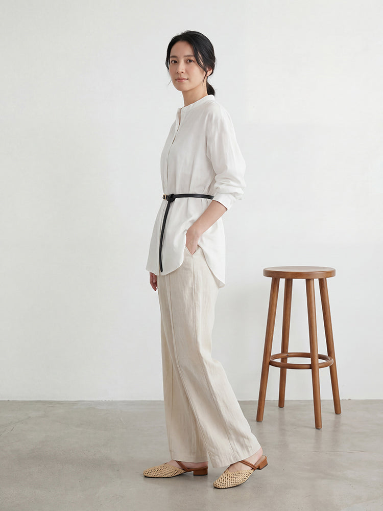 【ドルマンスリーブロングシャツ】スタンドカラー、前短後長スリット、ゆったりシルエットでストレスフリー、上品で合わせやすい