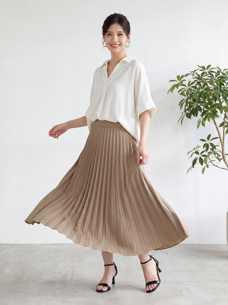 【 タイム限定 さらに20%OFF】ゆったりドレープ ロングプリーツスカート｜下半身体型カバーに最適 脚をスッキリ見せ ハイウエストでスタイルアップ