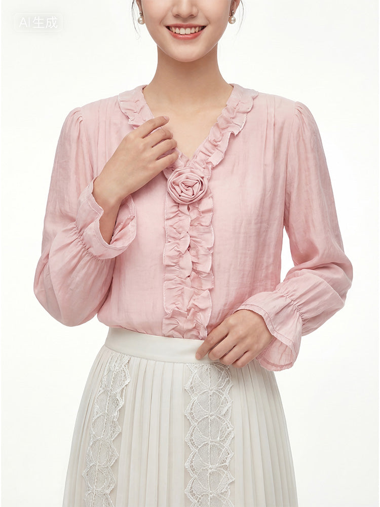 【フレンチシャツ】フリル & 立体フラワーで優しい雰囲気、薄手で通気性抜群、軽やかな着心地