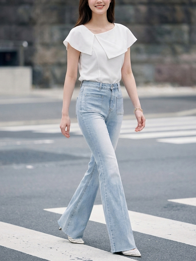 sosove-双兜磨白牛仔微辣长裤