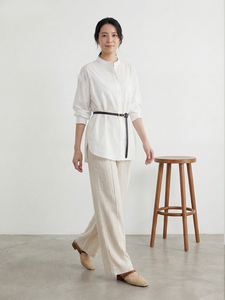 【ドルマンスリーブロングシャツ】スタンドカラー、前短後長スリット、ゆったりシルエットでストレスフリー、上品で合わせやすい