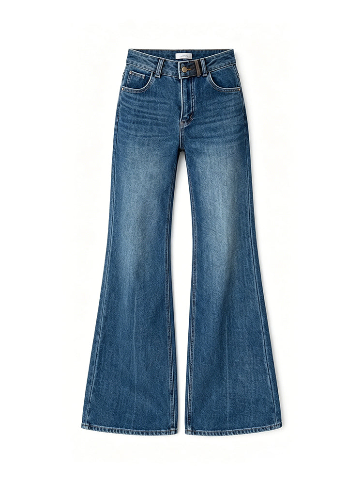 【ドレープハイウエスト微フレアジーンズ】柔らか素材・シワ知らず・脚に貼りつかない・脚長補正・万能シーン対応