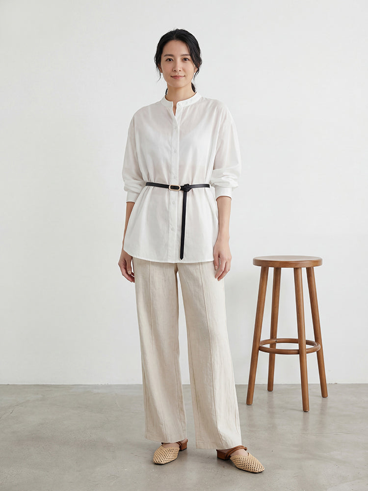 【ドルマンスリーブロングシャツ】スタンドカラー、前短後長スリット、ゆったりシルエットでストレスフリー、上品で合わせやすい