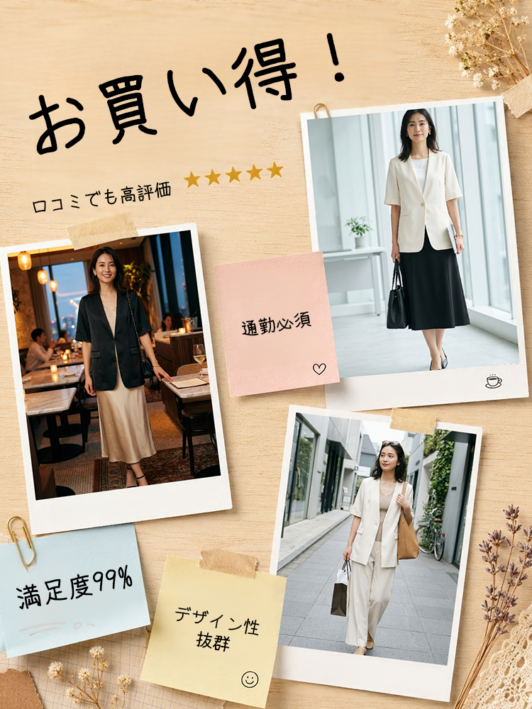 【アセテートサテン半袖ジャケット】すっきりとしたノーカラーディープVと、ゆったりとした五分袖のシルエットが、二の腕を優しくカバーしながら、ペーパーライクなほどに洗練された姿を彫り出します。