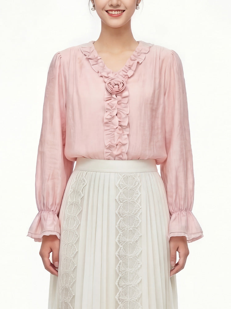 【フレンチシャツ】フリル & 立体フラワーで優しい雰囲気、薄手で通気性抜群、軽やかな着心地