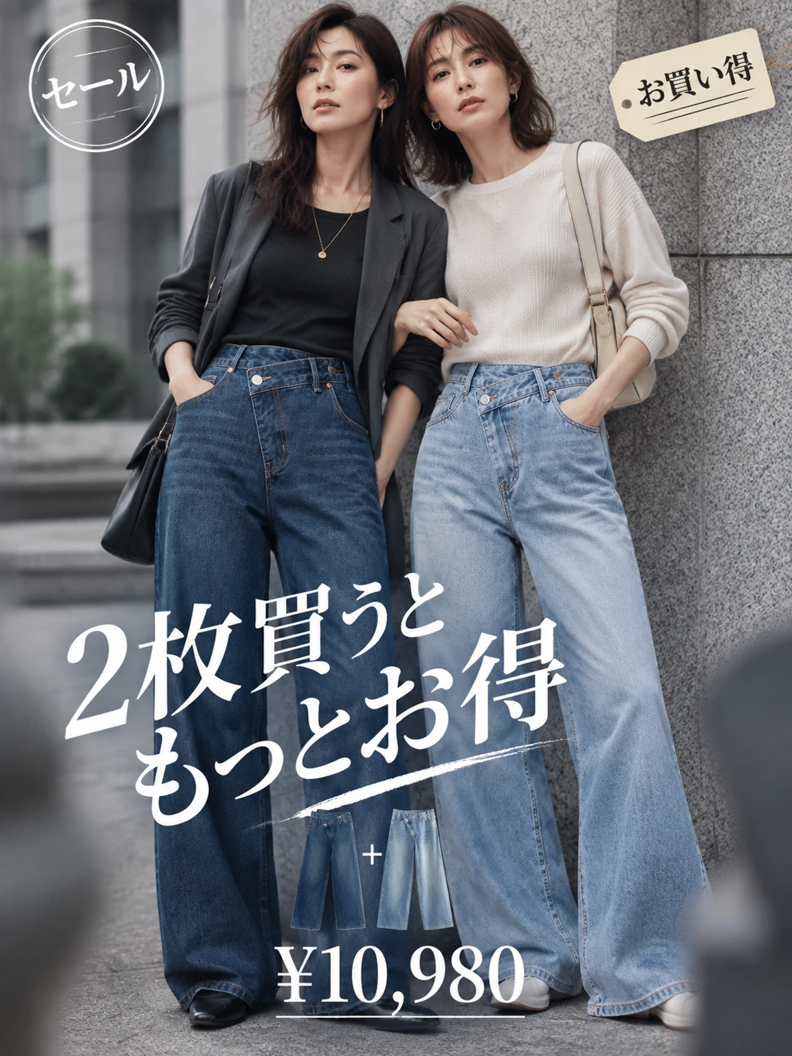 【タイム限定 さらに47%OFF】斜めボタンワイドデニム｜個性的な斜めデザインでウエストすっきり オールシーズン対応