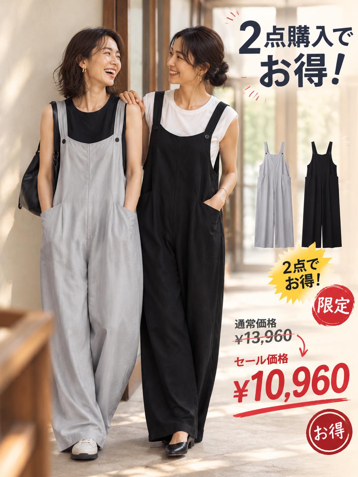 【リラックスカジュアルサスペンダーパンツ】ドレープ感抜群、シワになりにくく通気性、ゆったりとしたランプシルエットのサスペンダーパンツ