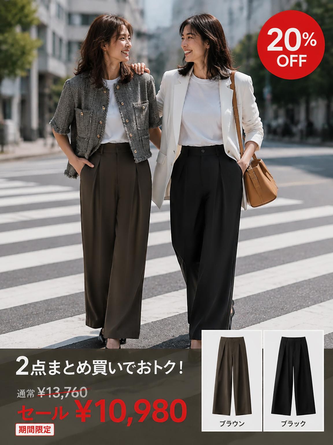 【ダレ感プリーツゆとりワイドパンツ】スーツの高さをキープする「インタック」を採用し、お腹を押さえて少し突き出し、骨盤を横に広げるようにしました。