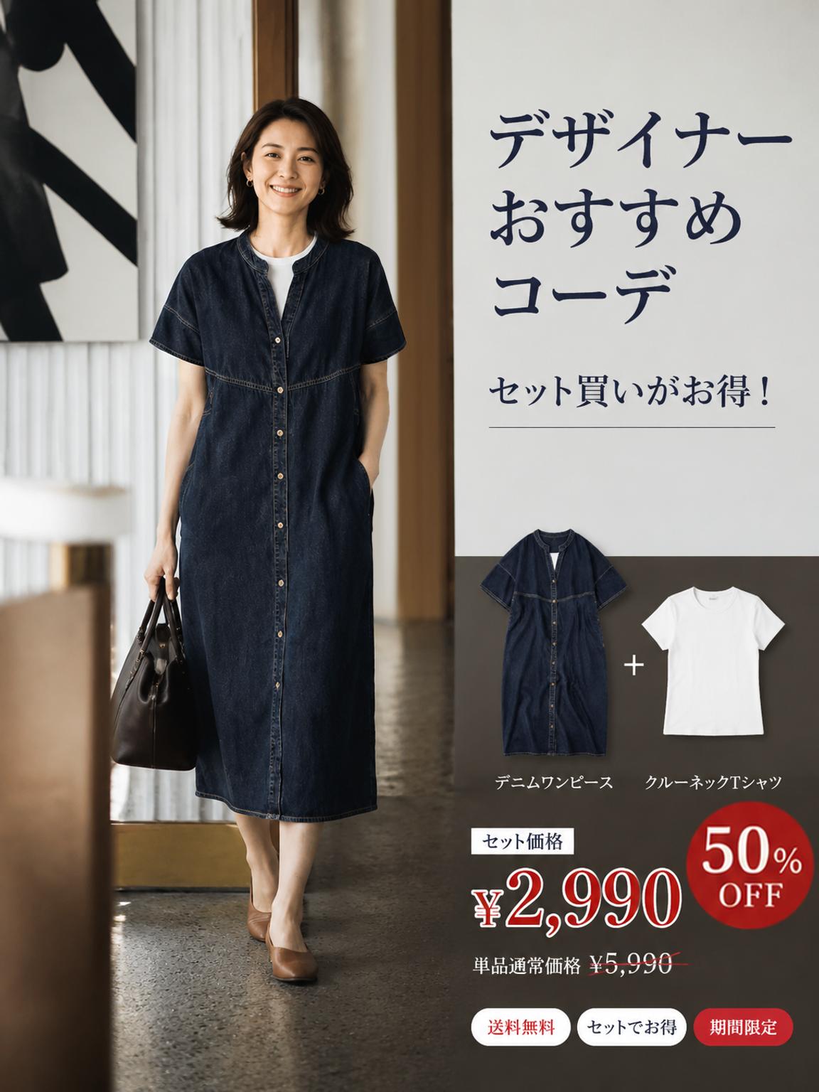【ヴィンテージ風ミディデニムワンピース】ゆったりHラインが肩から足元までまっすぐに落ちて、ウエストやヒップに沿わないシルエット。お腹、ヒップ、脚のラインもきれいにカバーします。