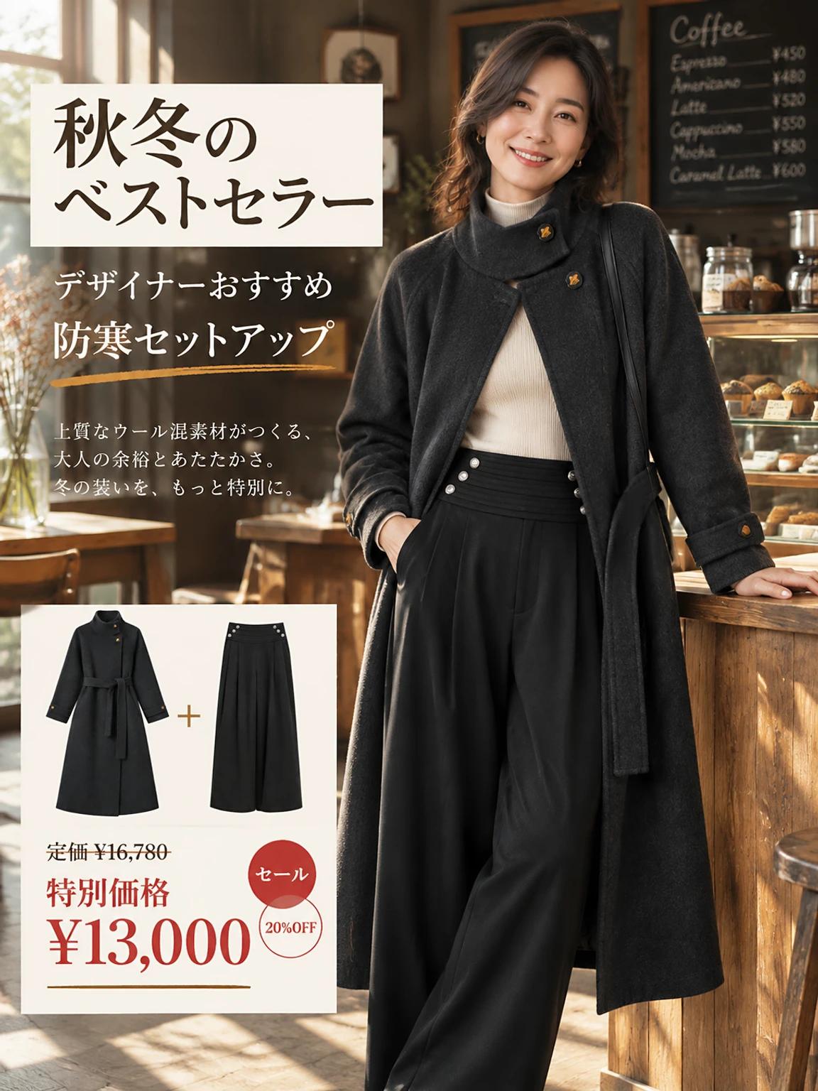 【ウール混ロングコート・秋冬アウター】通勤にも使える上品なデザイン、すっきりとした大人の着こなし