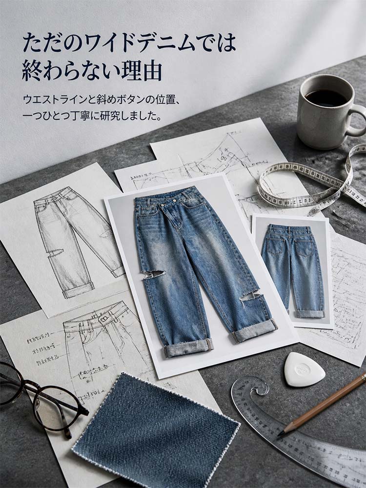【アシンメトリーハイウエストゆったりダメージジーンズ】非対称クロスウエスト、上品な膝上ダメージ、ヴィンテージほつれ加工。ハリのあるエアリーワイドシルエット。-sosove