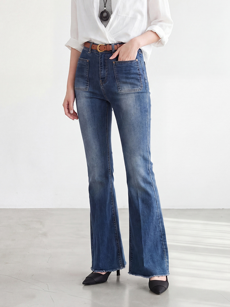 sosove-双兜磨白牛仔微辣长裤