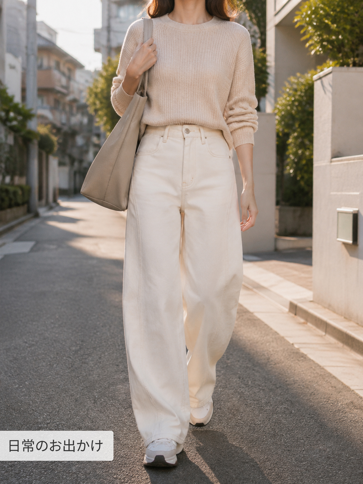 【米杏色ハイウエストワイドカーブデニムパンツ】 上品見えするホワイト系デニム。ヒップ切り替えで、後ろ姿まですっきり見え