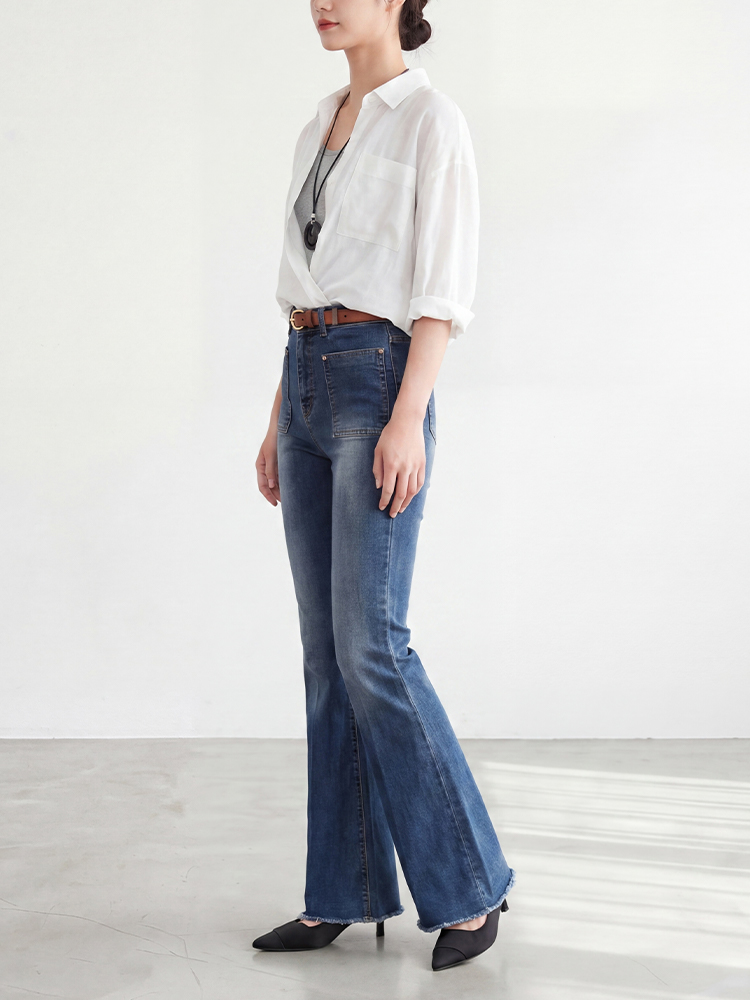 sosove-双兜磨白牛仔微辣长裤