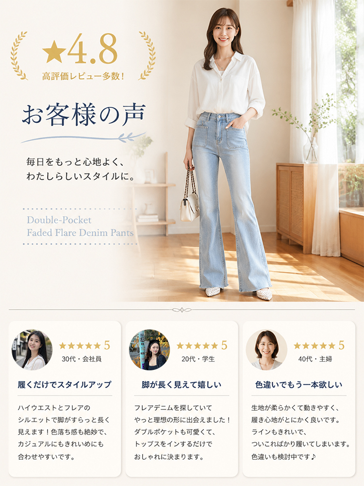 【ダブルポケットデニムフレアパンツ】インスタ映えする甘く可愛いデザイン、高ストレッチで締め付け感なし、脚長補正効果抜群。ダブルポケットで様々なシーンに活躍。