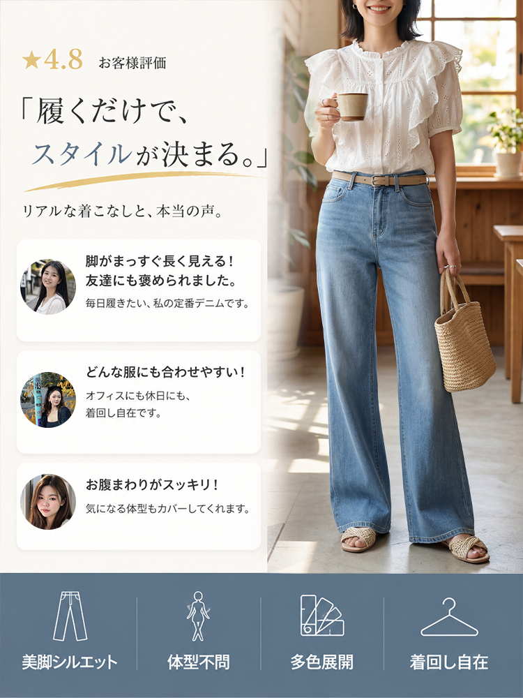 【ドレープハイウエスト微フレアジーンズ】柔らか素材・シワ知らず・脚に貼りつかない・脚長補正・万能シーン対応