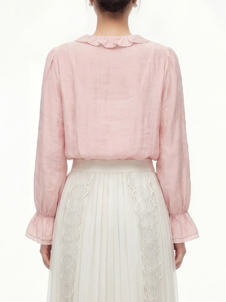 【フレンチシャツ】フリル & 立体フラワーで優しい雰囲気、薄手で通気性抜群、軽やかな着心地