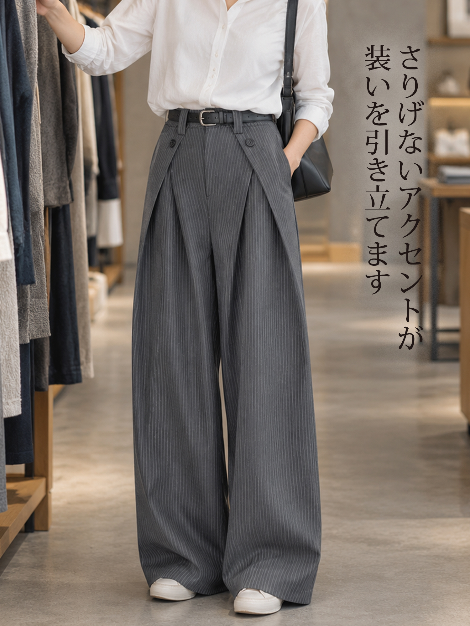 【デザインストライプ ハイウエストワイドスラックス】
