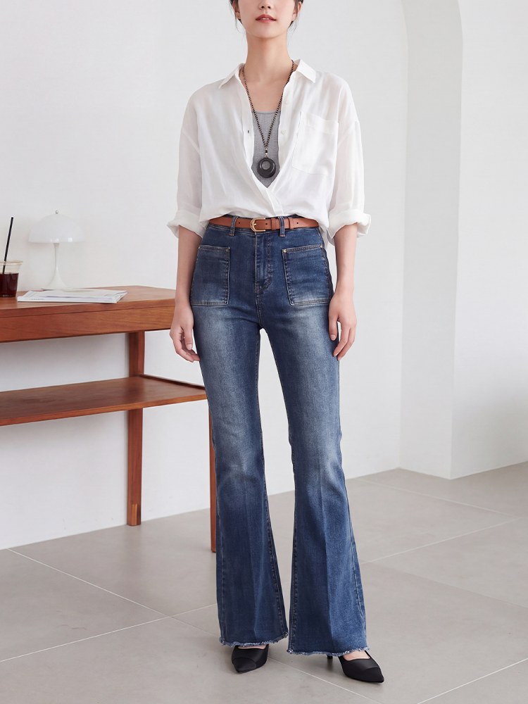 sosove-双兜磨白牛仔微辣长裤