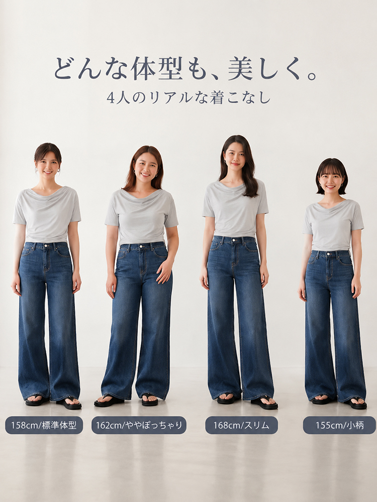 【ドレープハイウエスト微フレアジーンズ】柔らか素材・シワ知らず・脚に貼りつかない・脚長補正・万能シーン対応