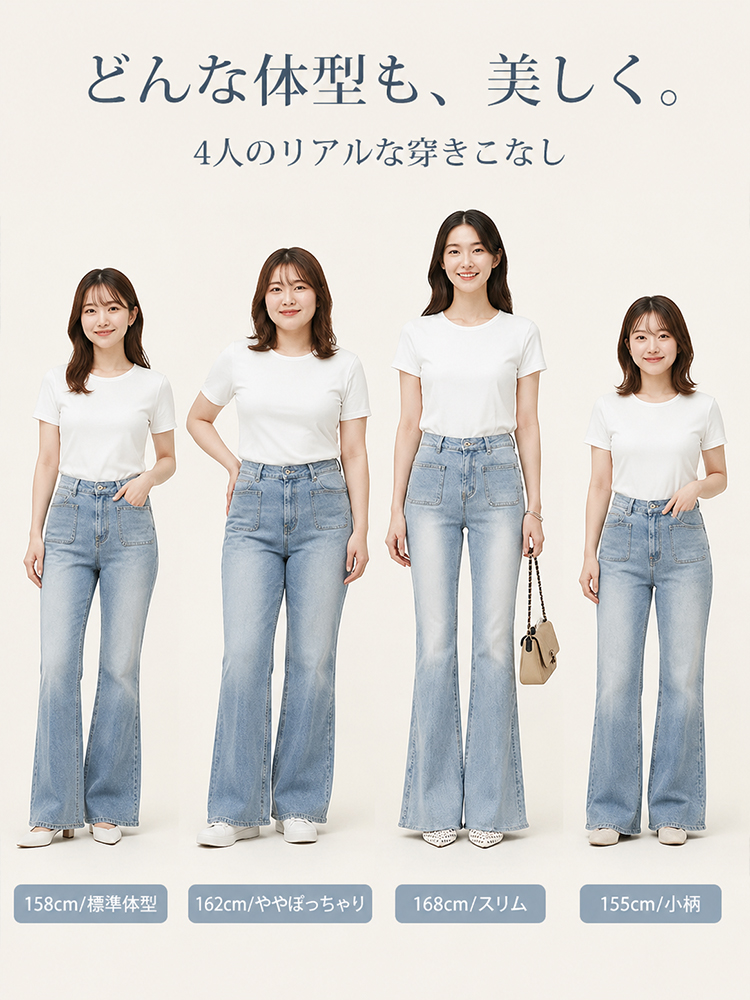 【ダブルポケットデニムフレアパンツ】インスタ映えする甘く可愛いデザイン、高ストレッチで締め付け感なし、脚長補正効果抜群。ダブルポケットで様々なシーンに活躍。