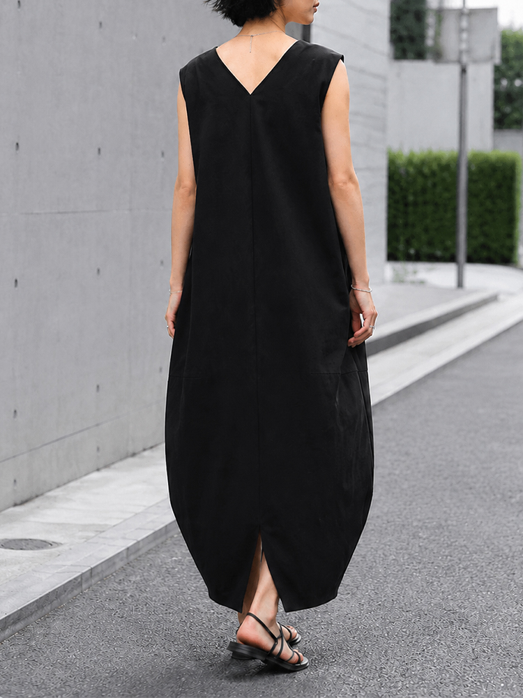【シンプルノースリーブミディワンピース】コクーンシルエット、ゆったりVネックでスタイルアップ-sosove