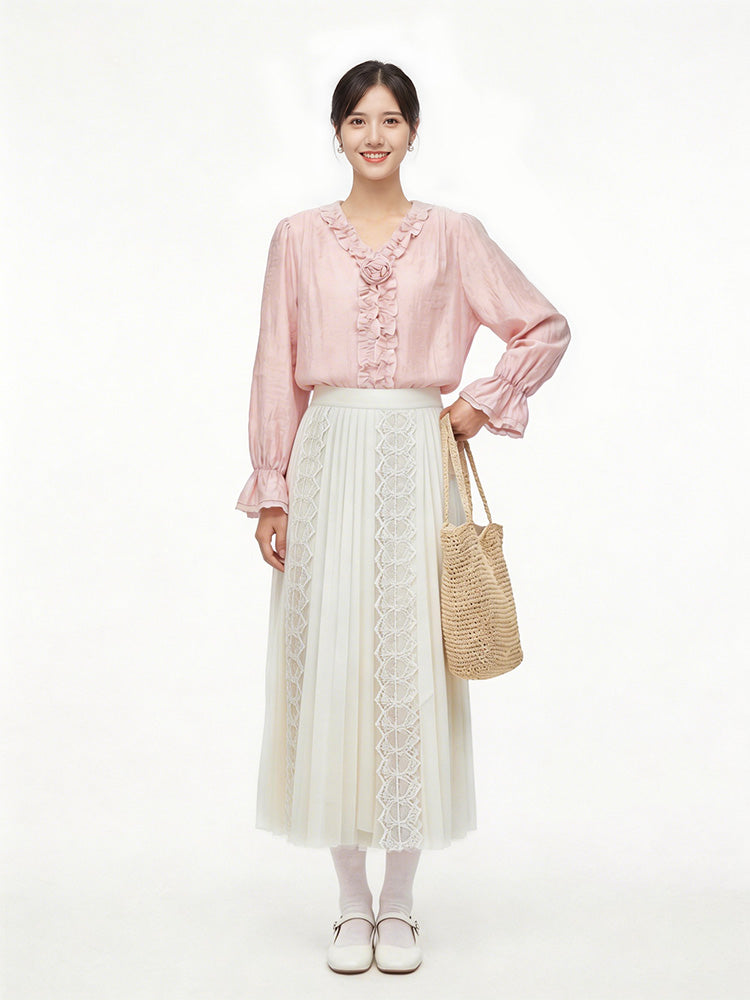 【フレンチシャツ】フリル & 立体フラワーで優しい雰囲気、薄手で通気性抜群、軽やかな着心地
